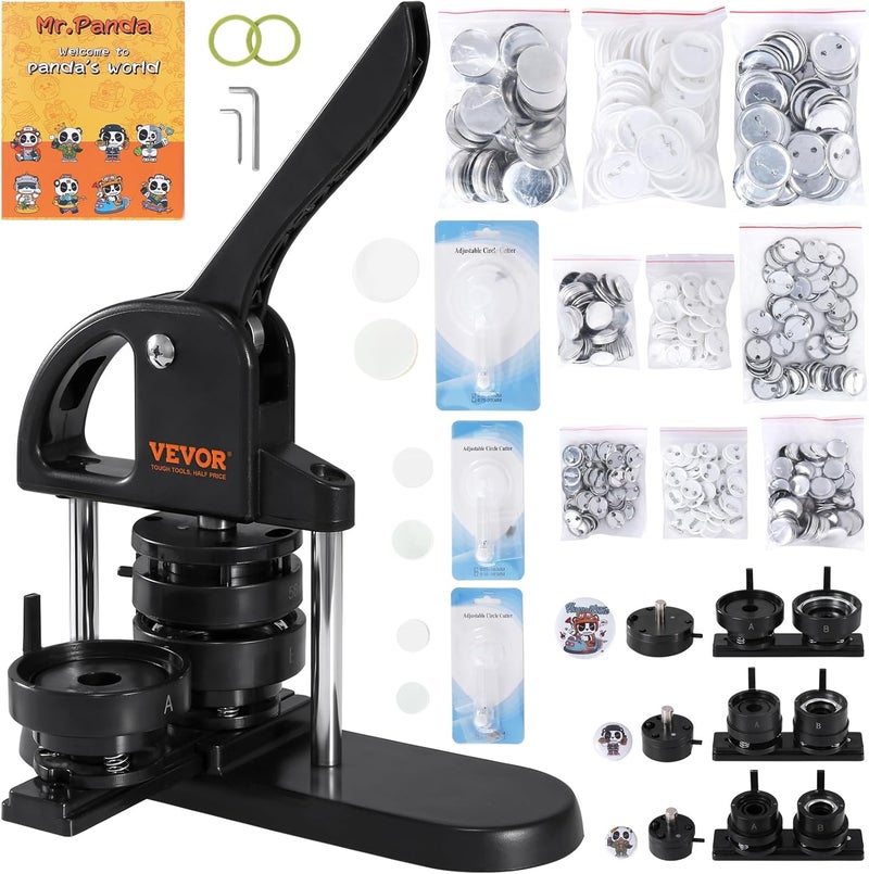 VEVOR Button Maker, 1/1.25/2.28 inch(25/32/58mm) 3-in-1 Pin Maker with 300pcs Button Parts, Ergonomic Arc Handle Punch Press Kit, Button Maker Machine with Panda Magic Book, for Children DIY Gifts - Image 1